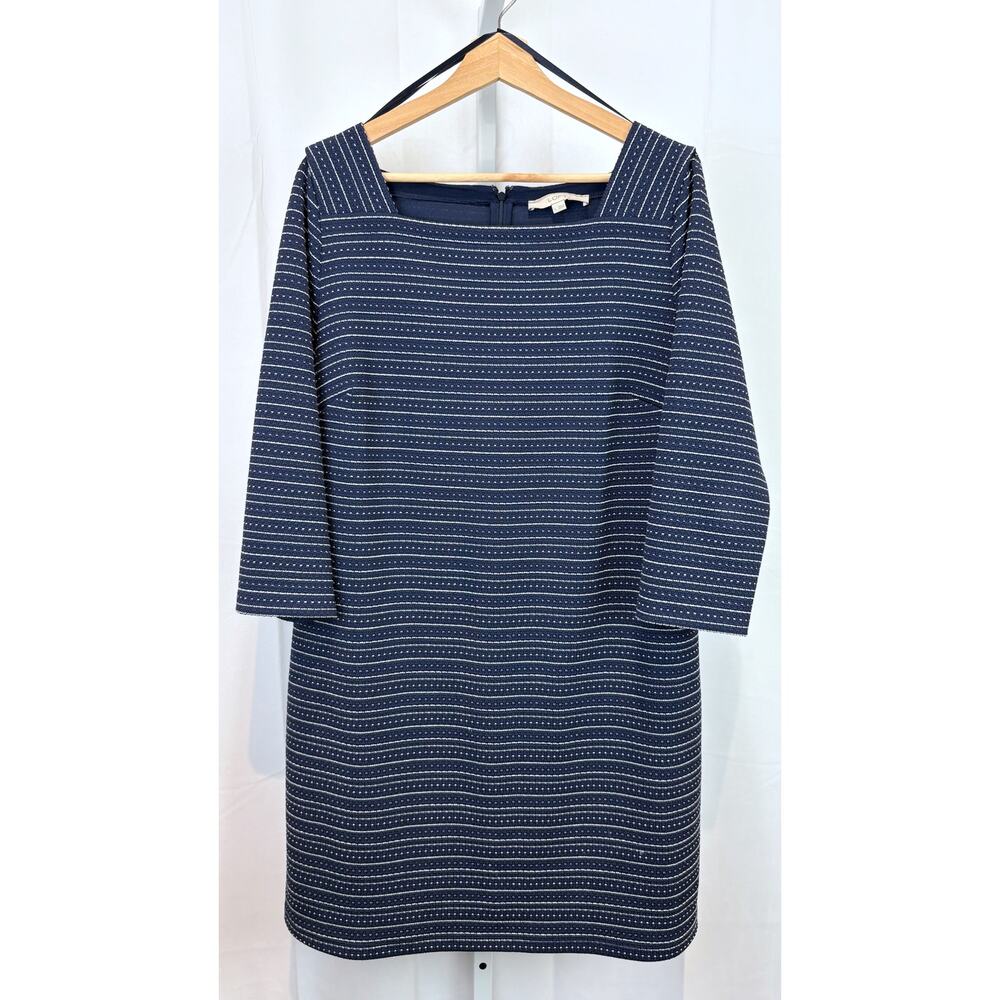 LOFT Ann Taylor Size L Textured Stripe Square Neck Shift Dress 3/4 Sleeve Blue